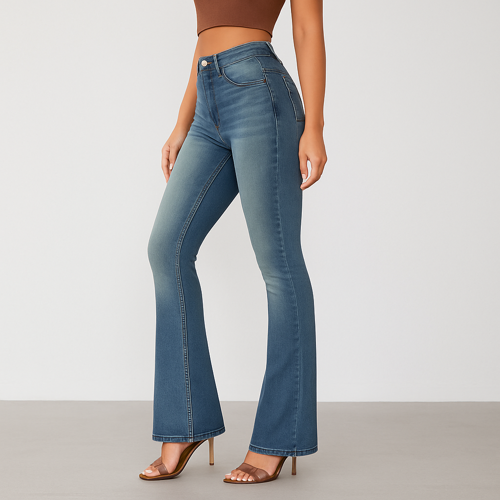 Fenn – Damejeans med høy midje og utsving – Tettsittende stretchdenim