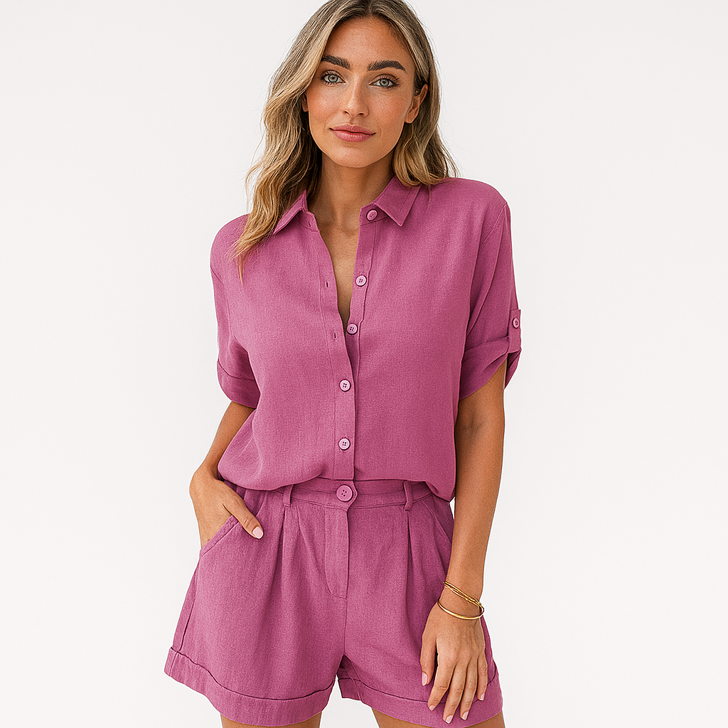 Elegant todelt sett i lin – oversized skjorte og shorts med høy midje for kvinner