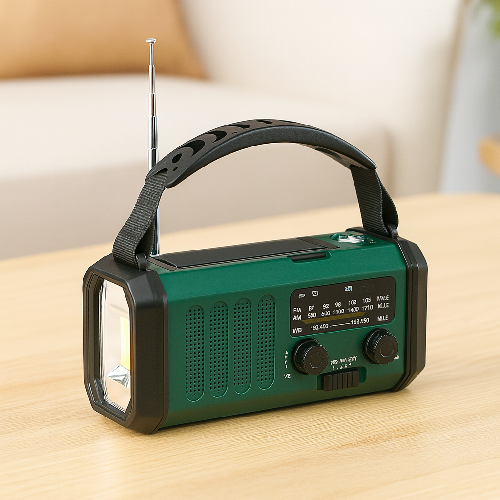 Nødradio med solcellepanel og håndsveiv – 10 000 mAh powerbank, AM/FM værradio, lommelykt, SOS og telefonlader