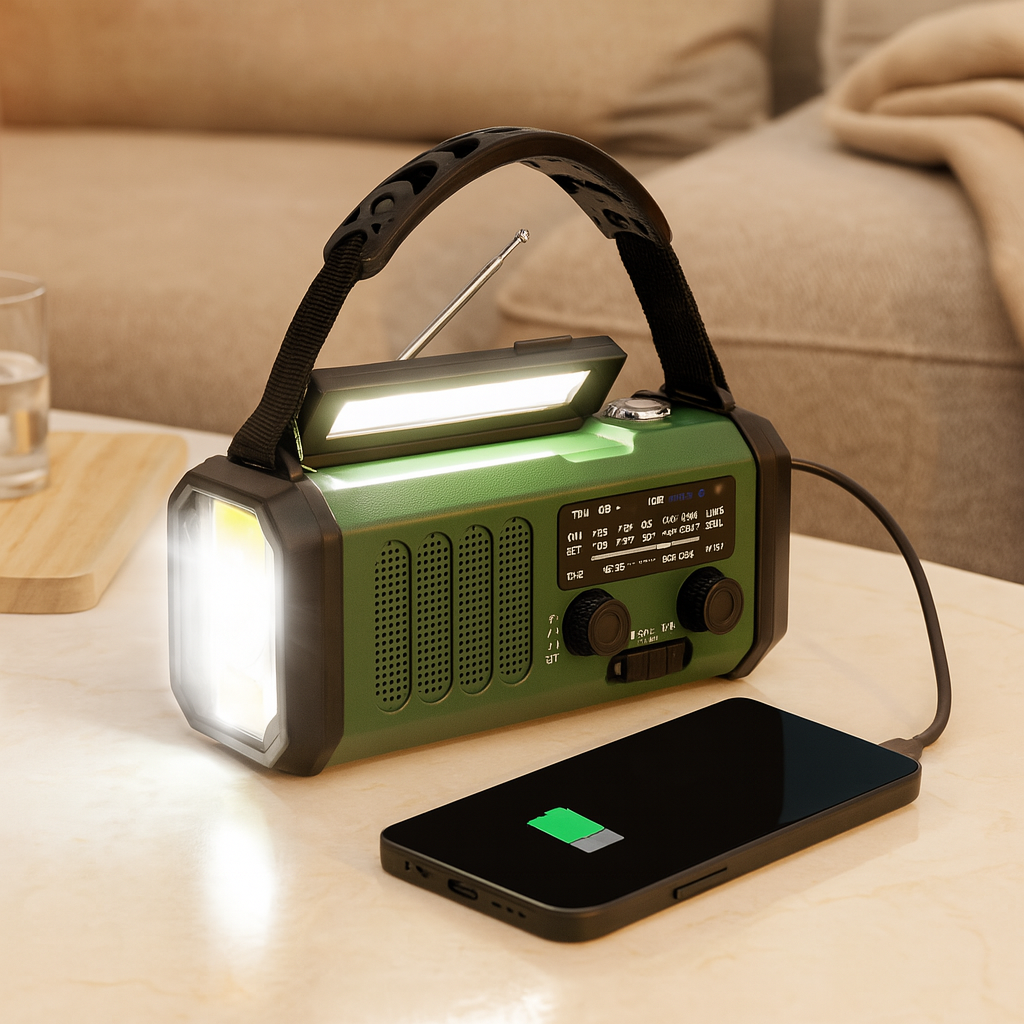 Nødradio med solcellepanel og håndsveiv – 10 000 mAh powerbank, AM/FM værradio, lommelykt, SOS og telefonlader