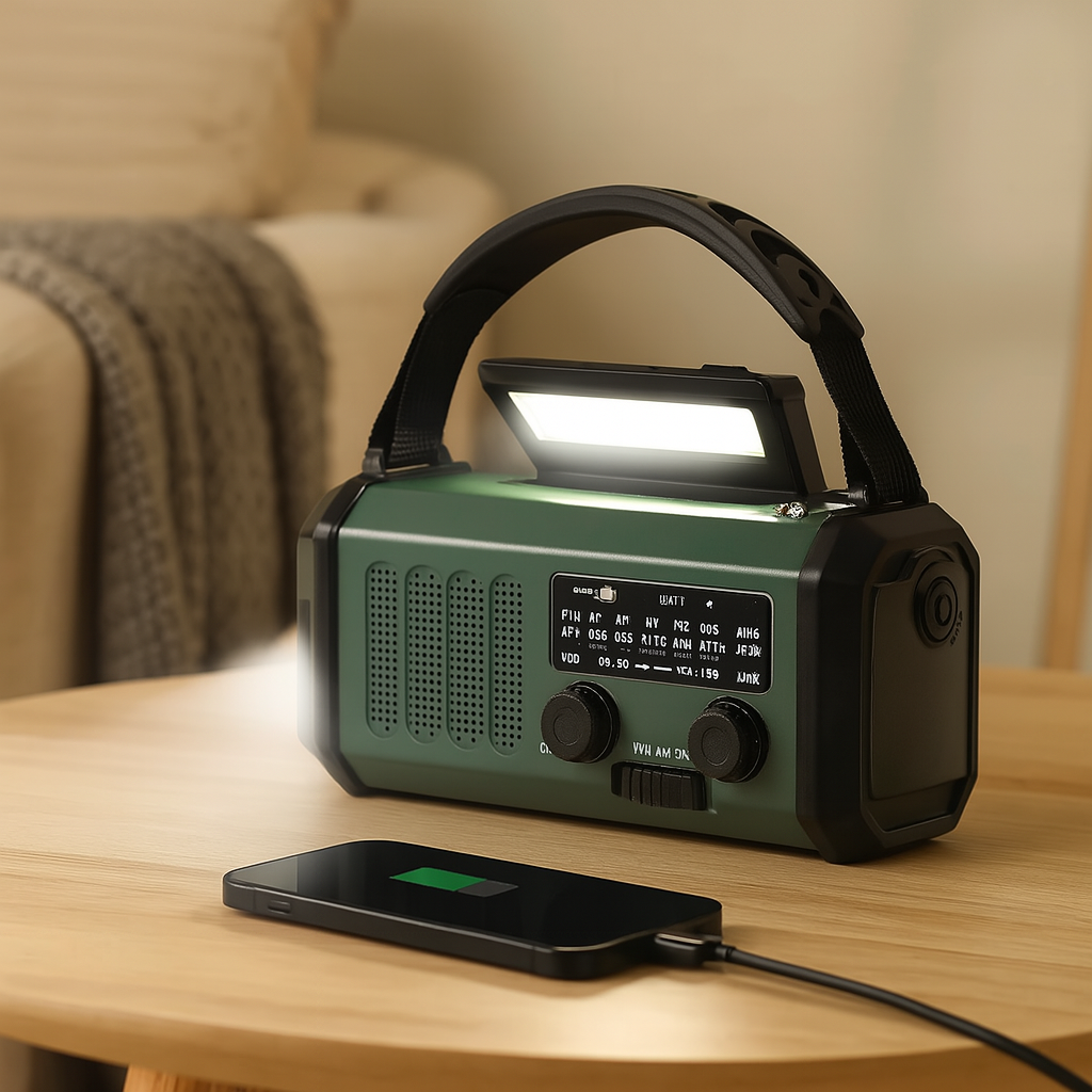 Nødradio med solcellepanel og håndsveiv – 10 000 mAh powerbank, AM/FM værradio, lommelykt, SOS og telefonlader