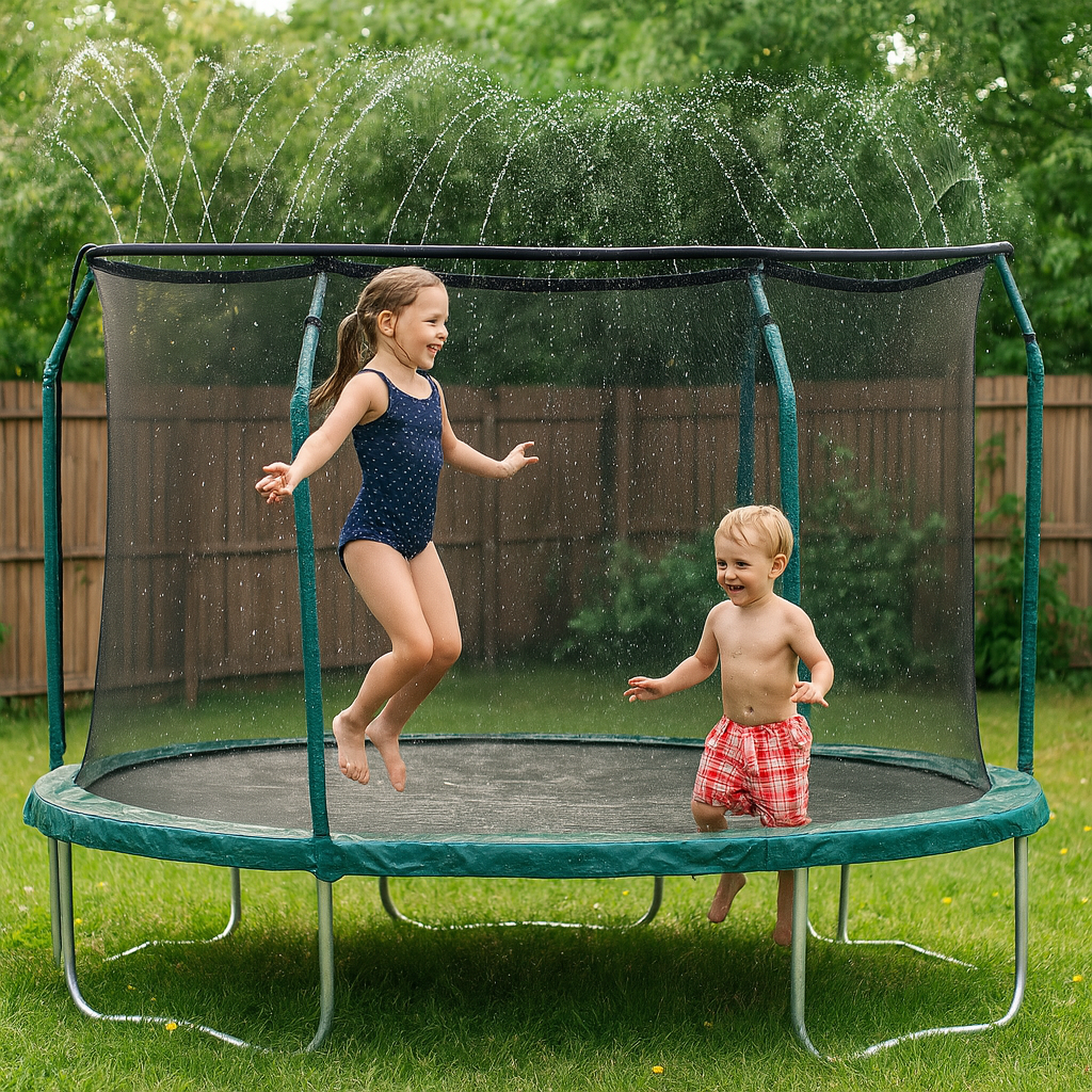 Universelt sprinkleranlegg for trampoliner – Svart PVC-slange med sprøyter for utendørs kjøling og lek i hagen