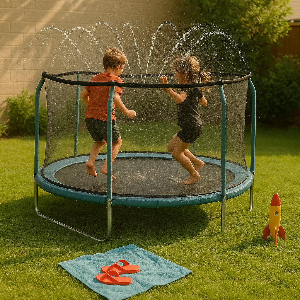 Universelt sprinkleranlegg for trampoliner – Svart PVC-slange med sprøyter for utendørs kjøling og lek i hagen