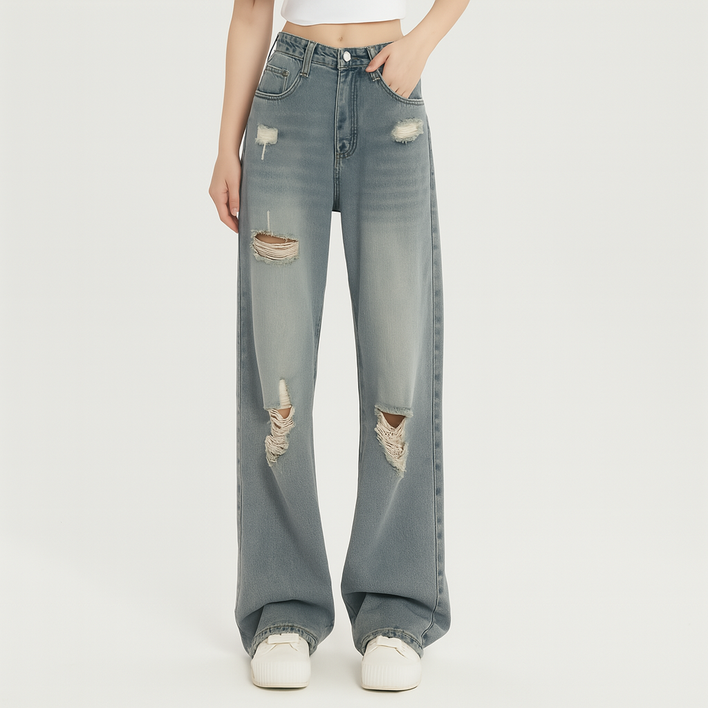 Kenza damejeans med høy midje og vide ben – løs passform, slankende amerikansk stil