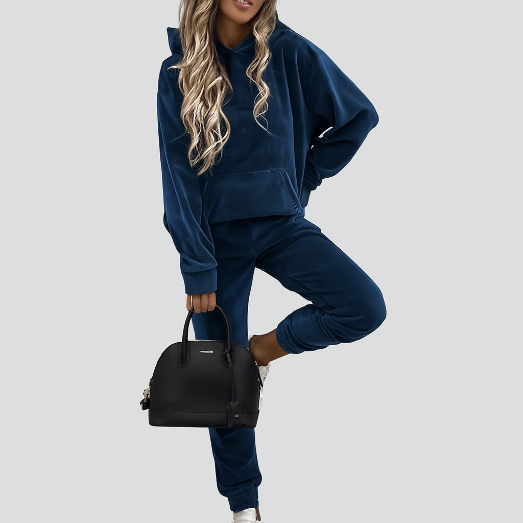 Dame 2-delt fritidsdress – enkel hettegenser med kengurulomme og smale joggebukser