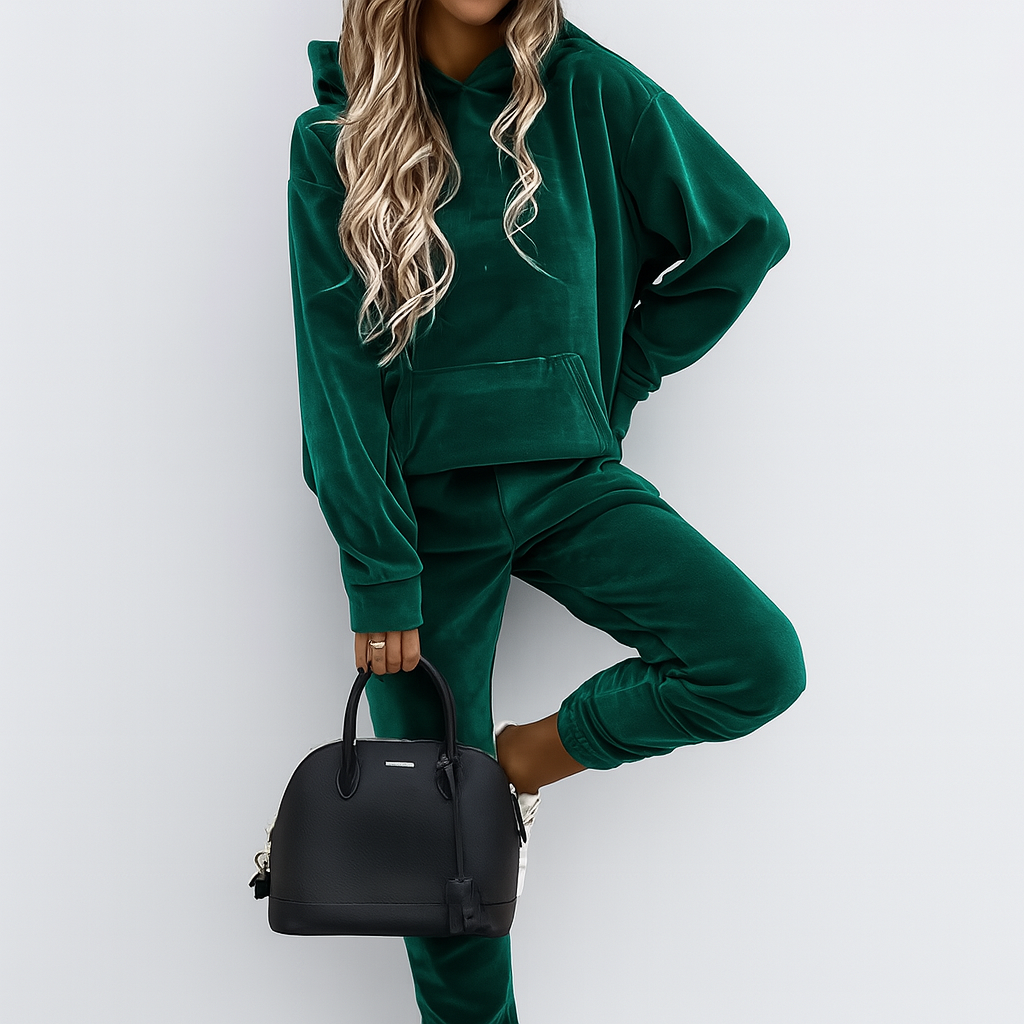 Dame 2-delt fritidsdress – enkel hettegenser med kengurulomme og smale joggebukser
