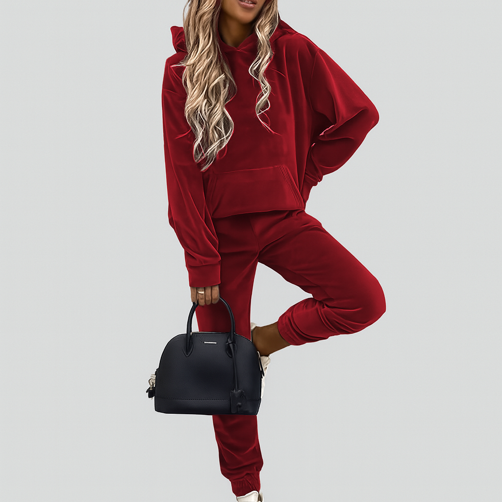 Dame 2-delt fritidsdress – enkel hettegenser med kengurulomme og smale joggebukser