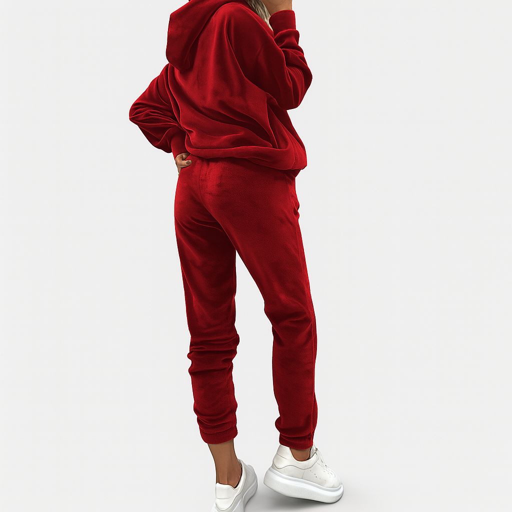 Dame 2-delt fritidsdress – enkel hettegenser med kengurulomme og smale joggebukser