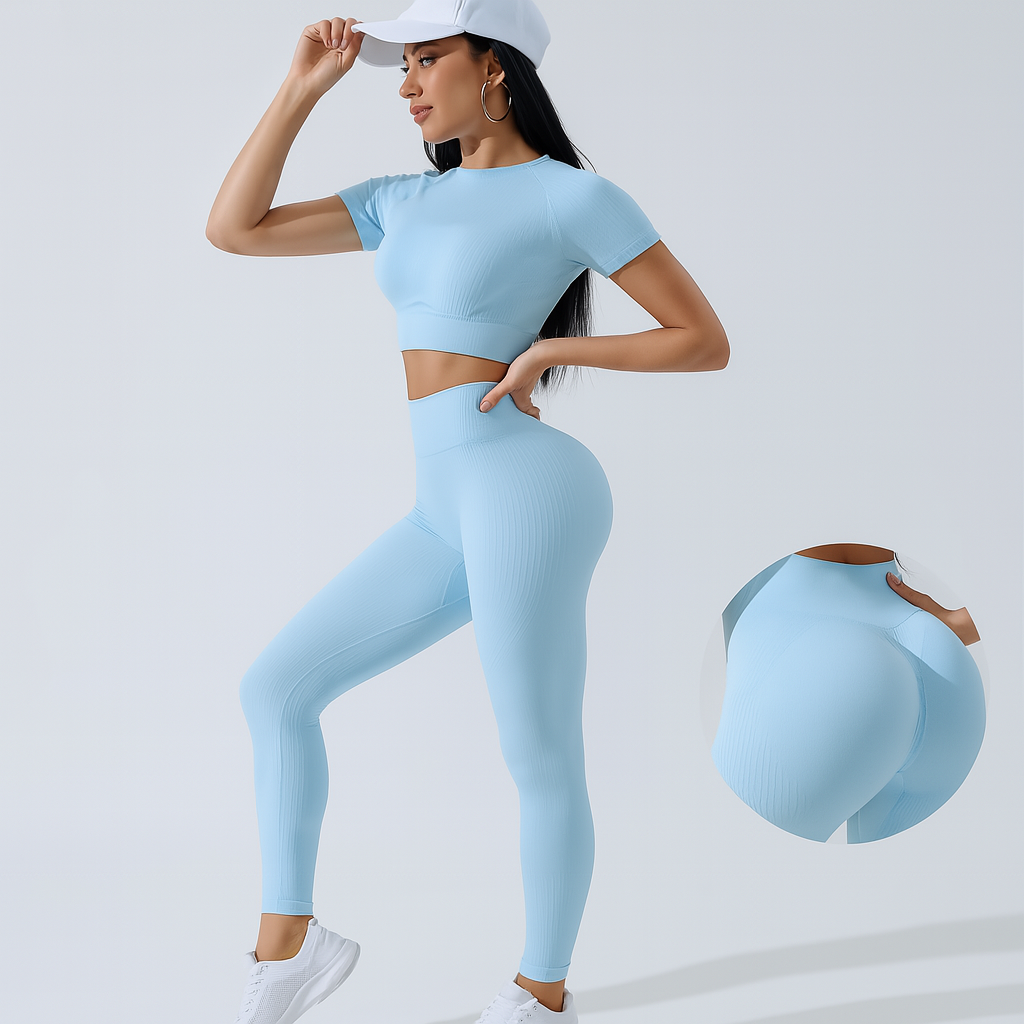2-delt sportssett for dame – kortermet topp og leggings med høy midje for yoga og pilates