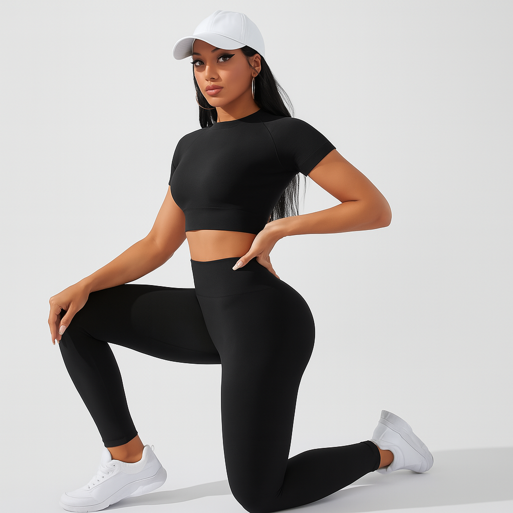 2-delt sportssett for dame – kortermet topp og leggings med høy midje for yoga og pilates