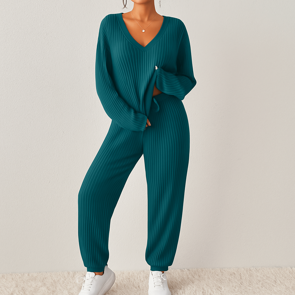 Ribbestrikket loungesett for dame – enkel topp med V-hals og joggebukse med elastisk linning