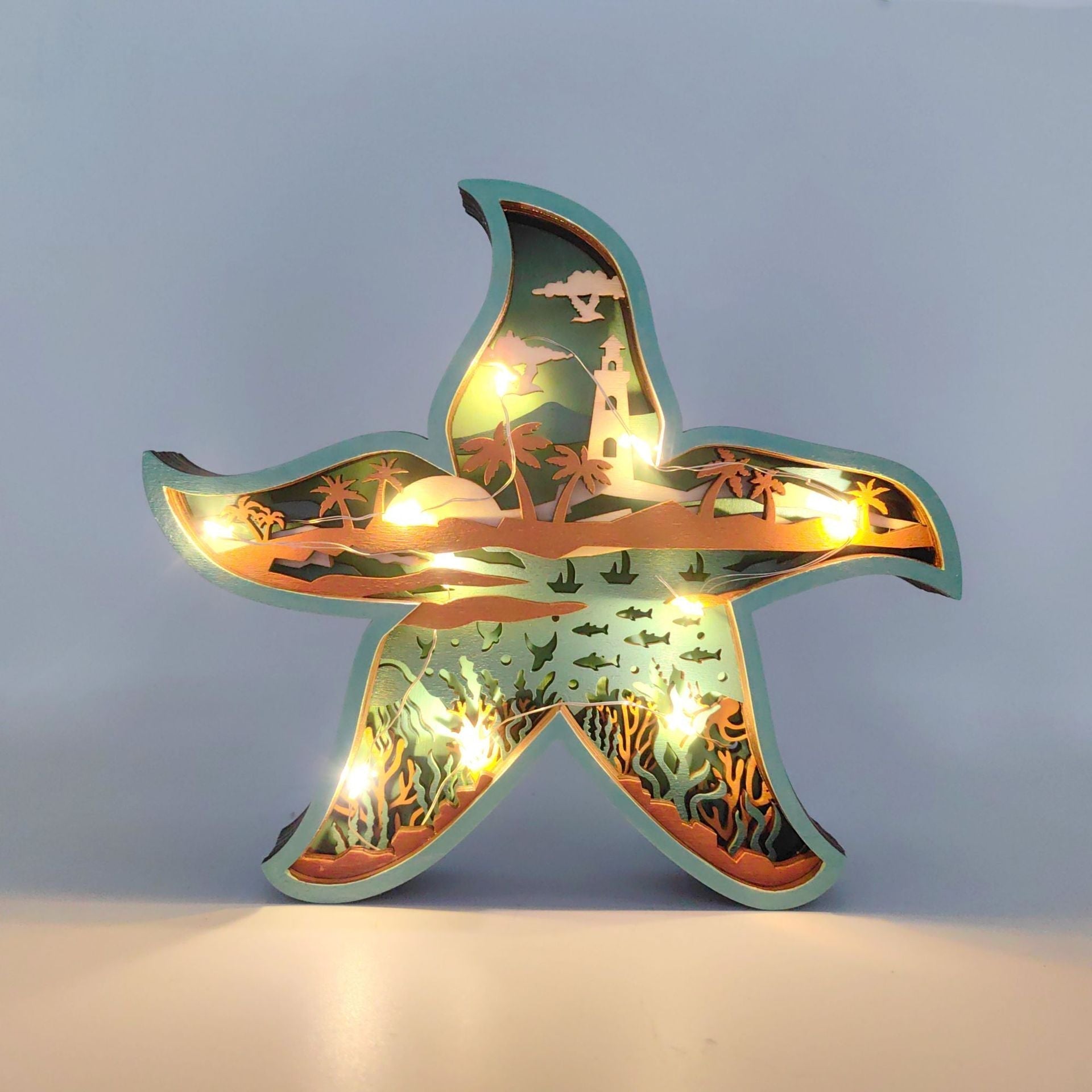 OceanGlow Illuminated Muslingskjell- og fiskedekorasjon - havinspirert kunst