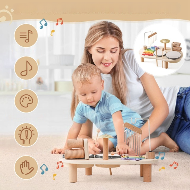 MelodyPlay Notenbord i Tre – Alt-i-ett Pedagogisk Instrument for Småbarn, Med Trommer, Xylofon og Cymbaler
