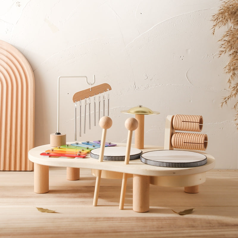 MelodyPlay Notenbord i Tre – Alt-i-ett Pedagogisk Instrument for Småbarn, Med Trommer, Xylofon og Cymbaler