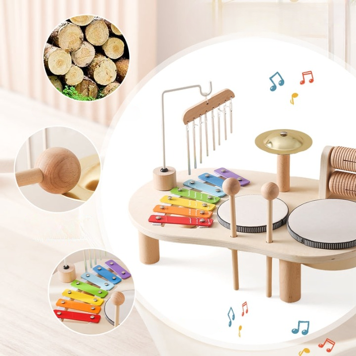 MelodyPlay Notenbord i Tre – Alt-i-ett Pedagogisk Instrument for Småbarn, Med Trommer, Xylofon og Cymbaler