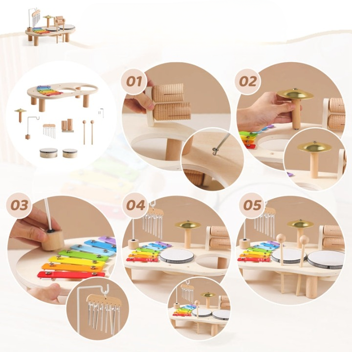 MelodyPlay Notenbord i Tre – Alt-i-ett Pedagogisk Instrument for Småbarn, Med Trommer, Xylofon og Cymbaler