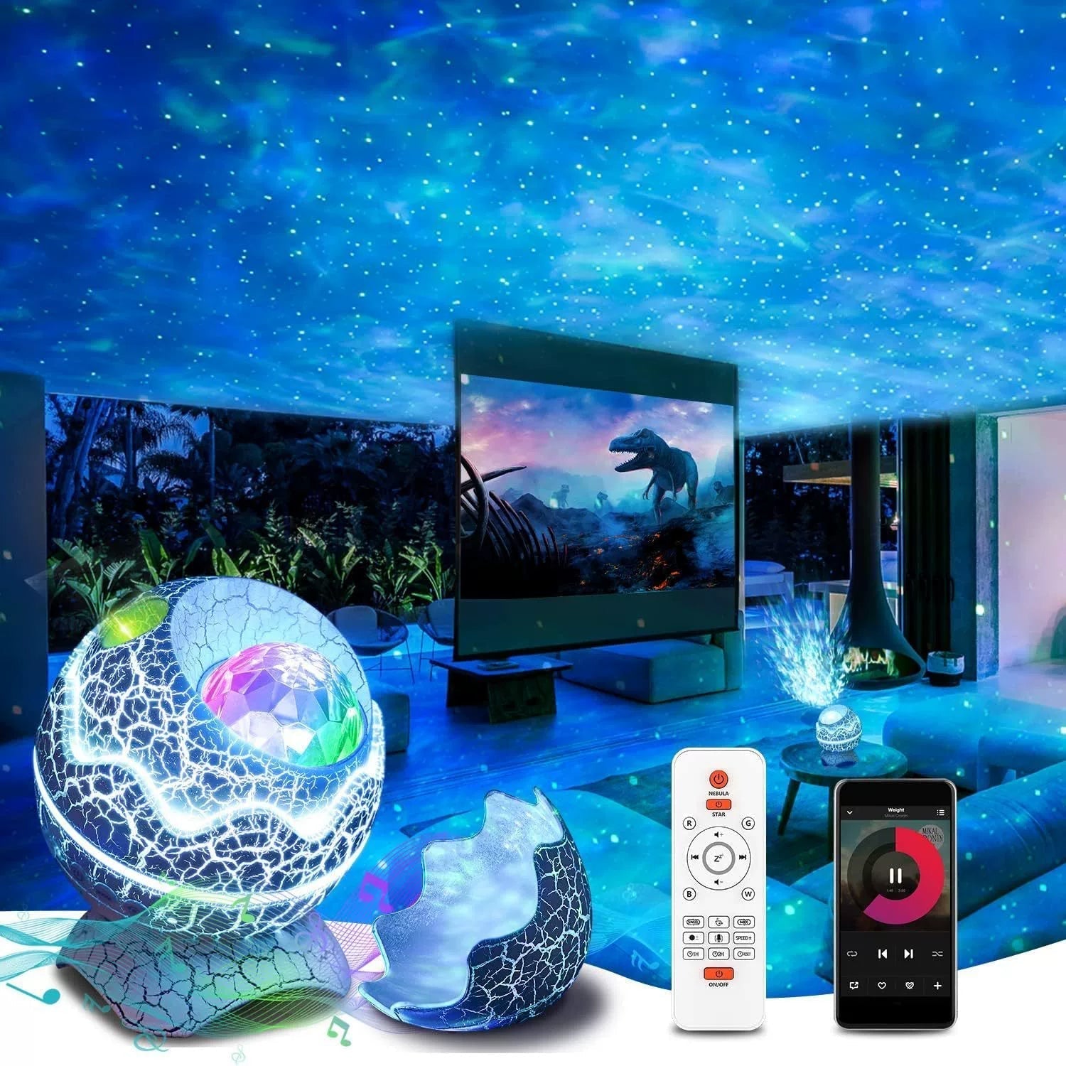 GalaxyGlow - Stjerneprojektor med Bluetooth-høyttaler og fargerike lyseffekter