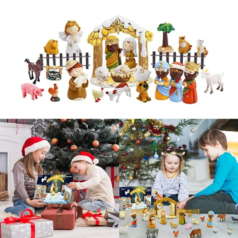 Julekalender med 24 miniatyrfigurer av den hellige familie i harpiks