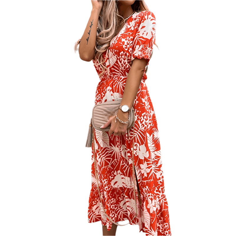 Belinda – Elegant blomstrete midikjole med V-hals-smykke