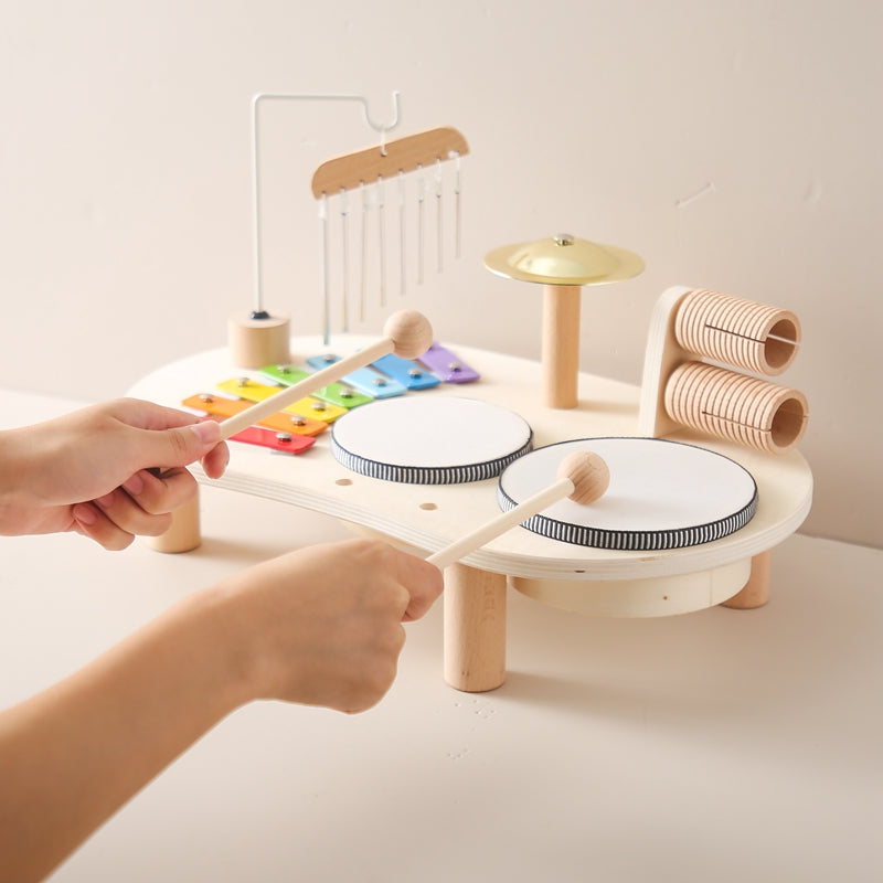 MelodyPlay Notenbord i Tre – Alt-i-ett Pedagogisk Instrument for Småbarn, Med Trommer, Xylofon og Cymbaler
