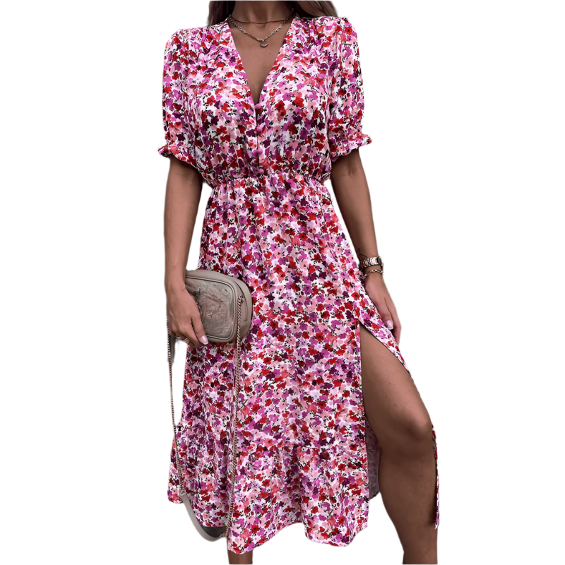 Belinda – Elegant blomstrete midikjole med V-hals-smykke