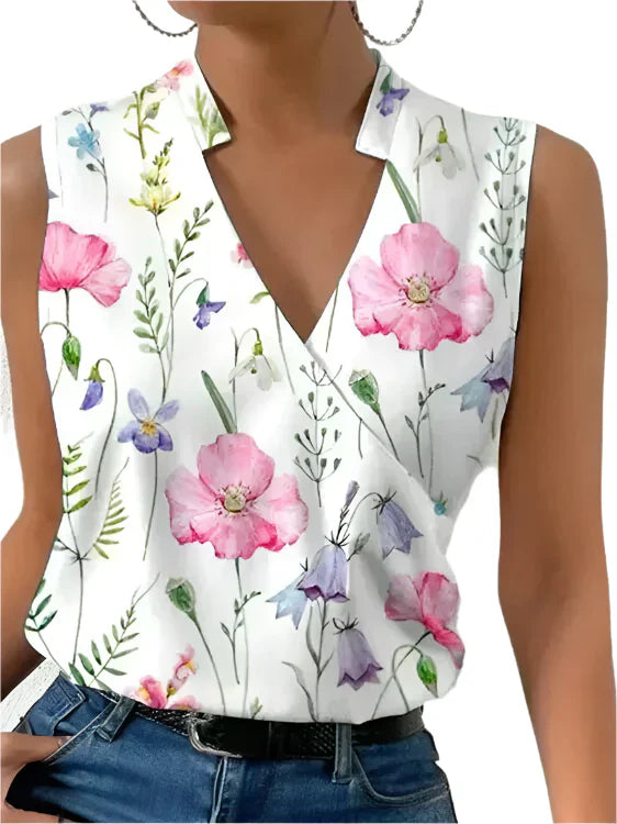 Janine - Ermeløs slankende og elegant bluse med V-hals