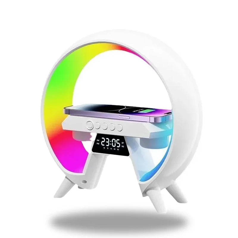 LumiNova futuristisk LED-lampe – trådløs lading og digital klokke