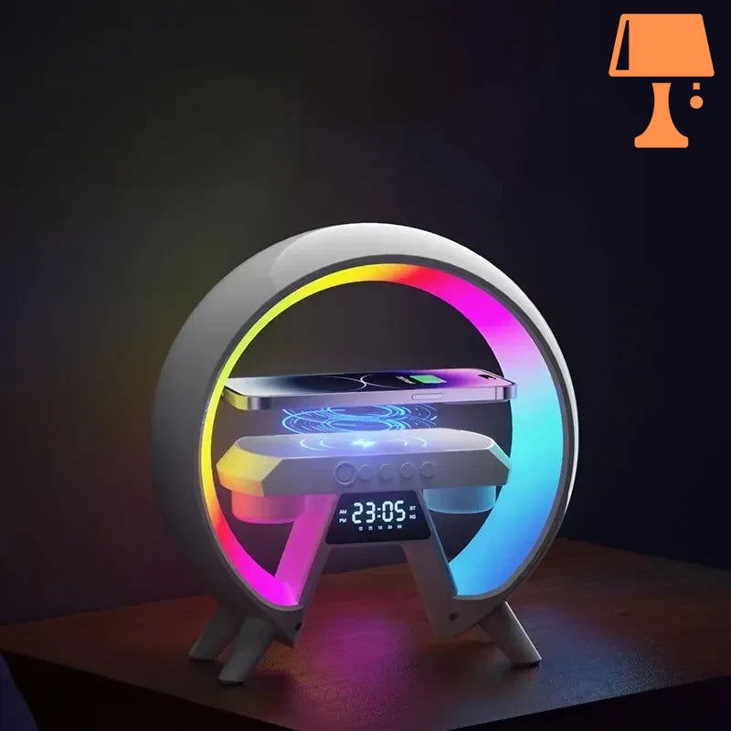 LumiNova futuristisk LED-lampe – trådløs lading og digital klokke