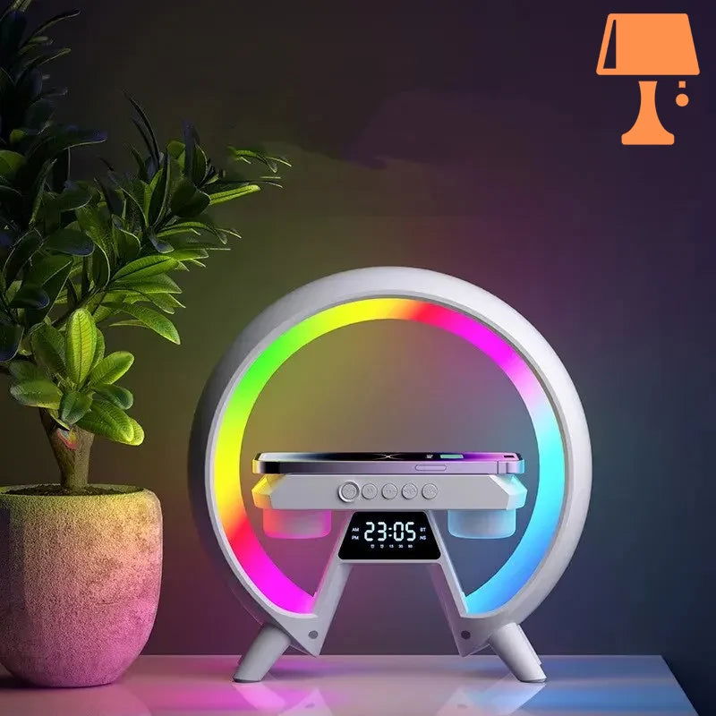 LumiNova futuristisk LED-lampe – trådløs lading og digital klokke
