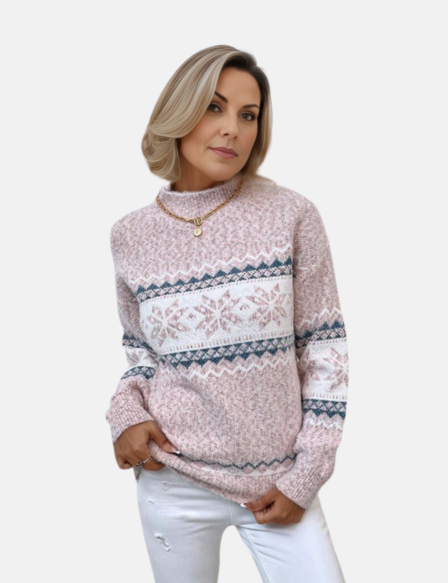 Mara uformell genser med rund hals og snøfnuggmønster